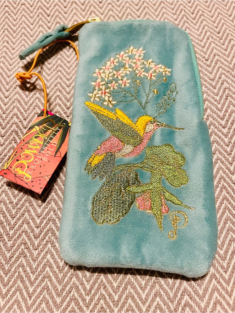 NWT! Powder Teal Velvet Hummingbird Pouch/Glasses Case. Embroidered in India.